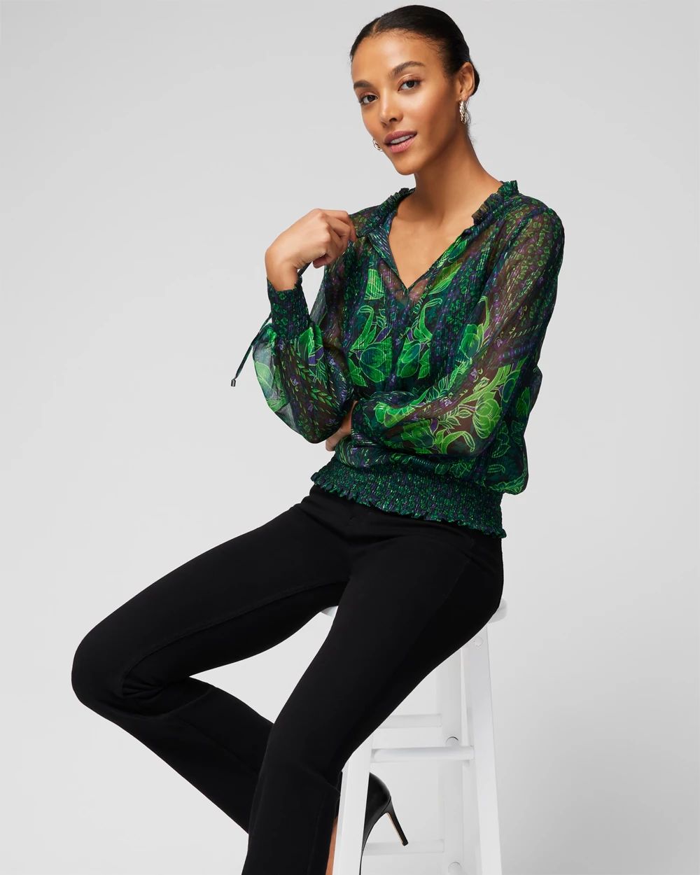 Long Sleeve Mixed Print Lurex Blouse | White House Black Market